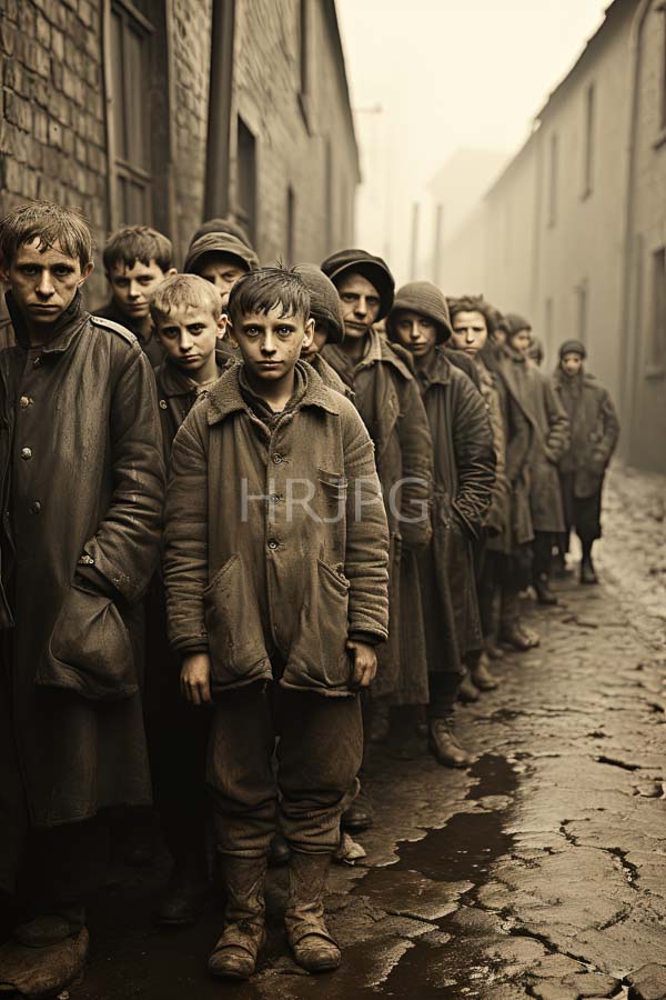 High Resolution: Sepia-toned image depicts a line of young boys in worn dark coats and hats standing on a cobblestone street between brick and plaster buildings download. | HRJPG.com