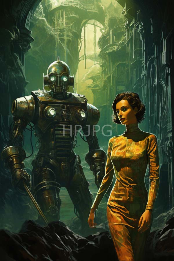 High Resolution: Sci-fi scene features a curvy woman in a form-fitting yellow-orange dress standing in a dimly lit cavernous green environment near a large metallic robot download. | HRJPG.com