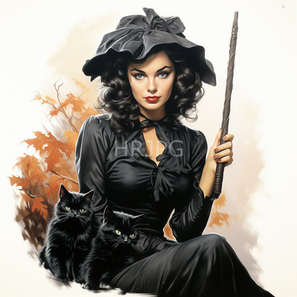 High Resolution: Victorian-style woman with curly black hair wears a black ruffled dress and a large bow-adorned hat holding a wooden cane with two black cats download. | HRJPG.com