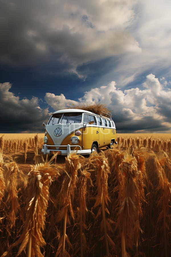 High Resolution: Yellow and white vintage Volkswagen camper van with a roof rack of hay is parked in a golden wheat field under a dramatic stormy sky download. | HRJPG.com