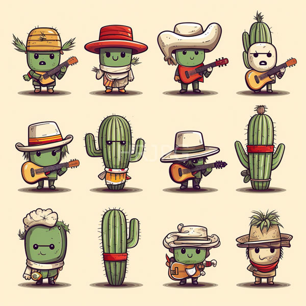 High Resolution: Twelve cute green cactus characters with black eyes wearing various hats are playing guitars standing in a row with distinct hat styles download. | HRJPG.com