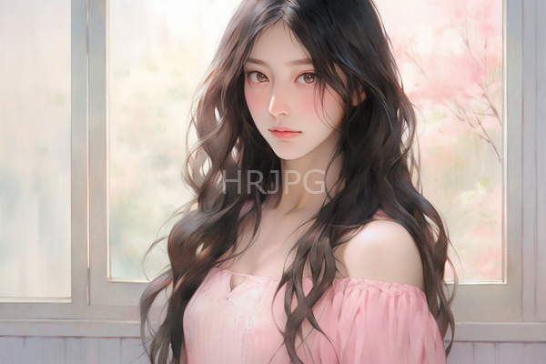 High Resolution: Young Asian woman with long wavy black hair wears an off-shoulder pink blouse with fair skin and soft brown eyes near a blurred sunlit window download. | HRJPG.com