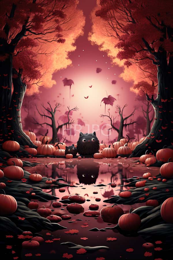 High Resolution: Whimsical autumnal forest scene features a fluffy black cat with glowing eyes standing in a reflective pond surrounded by scattered pumpkins and fallen leaves download. | HRJPG.com