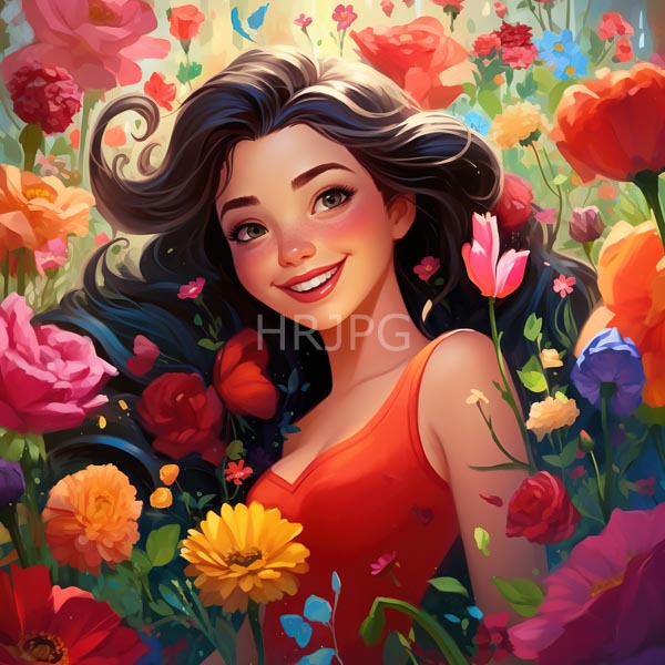 High Resolution: Smiling young woman with long wavy black hair wears a red sleeveless top surrounded by a vibrant colorful field of blooming roses tulips and daisies download. | HRJPG.com