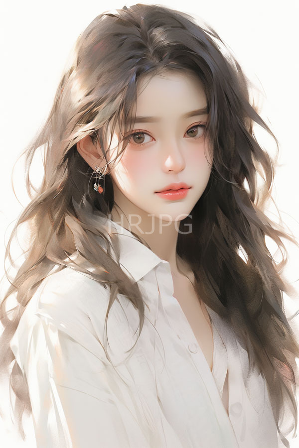 High Resolution: Young Asian woman with long wavy dark brown hair fair skin and soft pink blush wears a white slightly unbuttoned shirt with large brown eyes download. | HRJPG.com