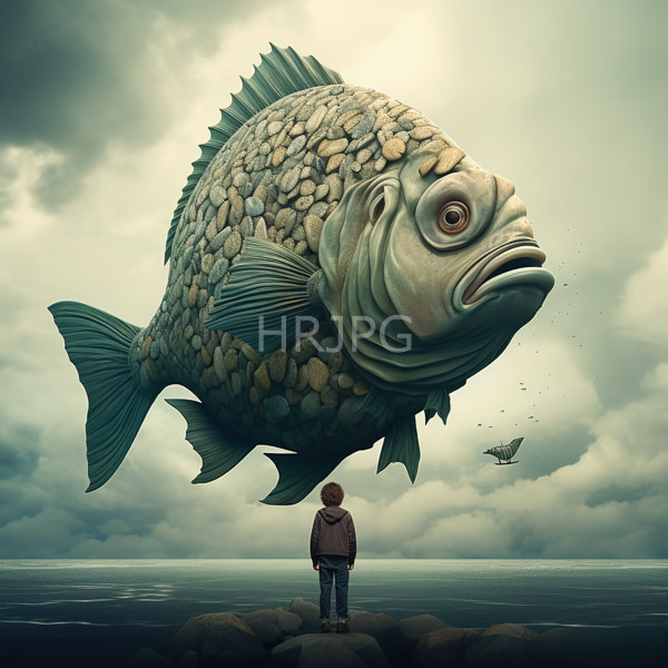 High Resolution: Surreal scene depicts a massive stone-textured fish with large expressive eyes hovering above a small boy standing on a rocky shore download. | HRJPG.com