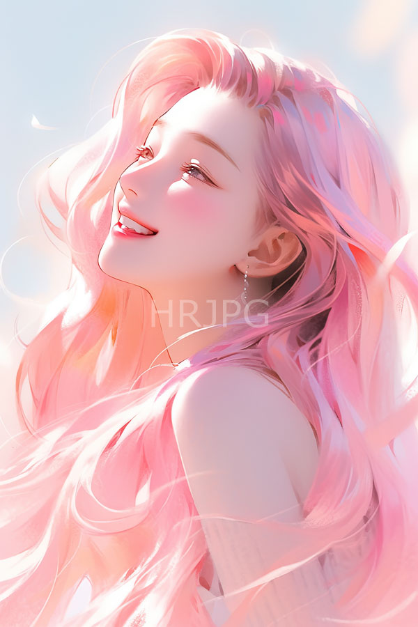 High Resolution: Smiling young woman with long flowing pink hair light skin and delicate features wears small dangling earrings and a sleeveless top download. | HRJPG.com