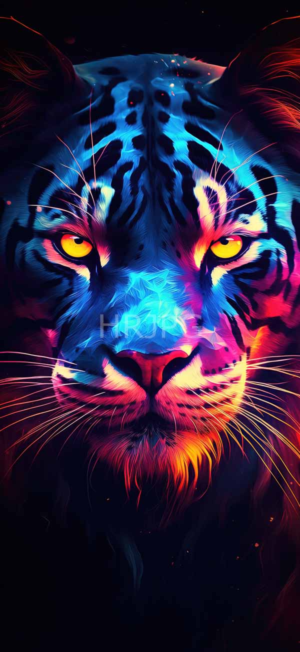 High Resolution: Vibrant neon-colored tiger's face features electric blue purple and pink fur with black stripes and intense glowing yellow eyes surrounded by bright highlights download. | HRJPG.com