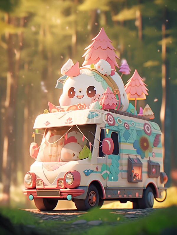 High Resolution: Whimsical pastel-colored camper van in a forest adorned with colorful geometric patterns has a large fluffy white bunny with a pink cone hat on top download. | HRJPG.com