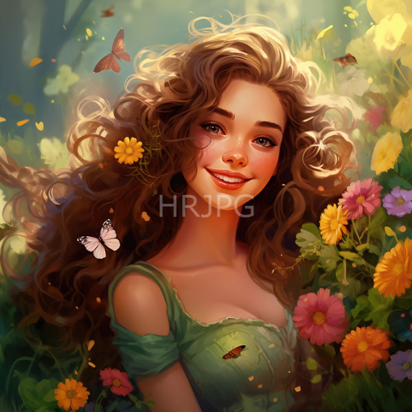 High Resolution: Beautiful young woman with curly brown hair and green eyes smiles in a vibrant flower field wearing a green off-shoulder dress with a butterfly download. | HRJPG.com