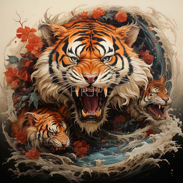 High Resolution: Fierce roaring adult tiger with vivid orange and black stripes is surrounded by two smaller tigers against a background of swirling turbulent water download. | HRJPG.com