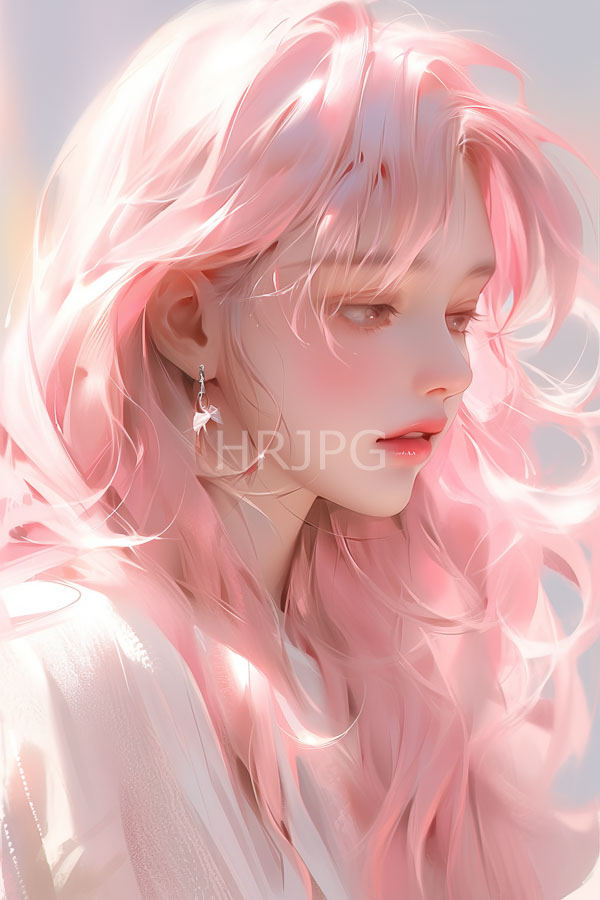 High Resolution: Young woman with long wavy pink hair soft pink skin and delicate features wears a white semi-transparent top with her eyes closed and a serene expression download. | HRJPG.com