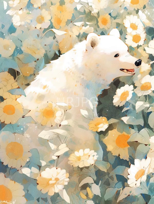 High Resolution: Watercolor painting of a white bear with a slightly open mouth stands amidst a dense field of yellow and white flowers with soft light strokes download. | HRJPG.com