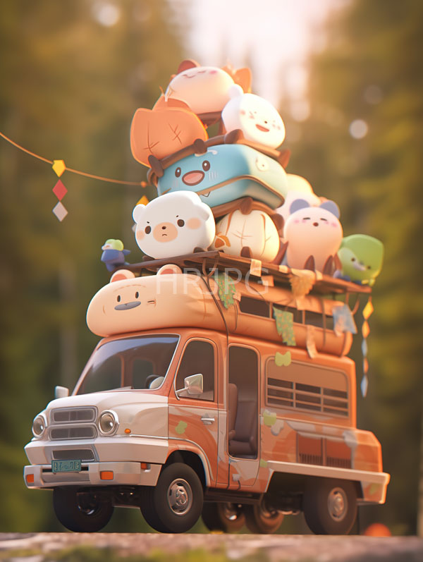 High Resolution: Whimsical cartoon-style van with a white and orange color scheme is loaded with adorable plush-like stuffed animals of various colors and shapes download. | HRJPG.com