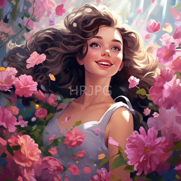 High Resolution: Smiling young woman with wavy brown hair is surrounded by vibrant pink flowers wearing a white sleeveless top with sunlight filtering through download. | HRJPG.com