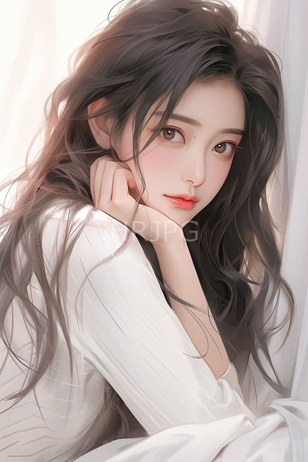 High Resolution: Young woman with long wavy black hair fair skin and large brown eyes has a delicate serene expression wearing a white long-sleeved shirt download. | HRJPG.com