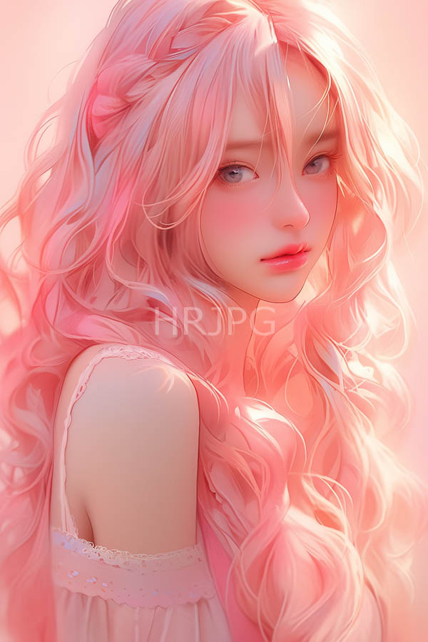 High Resolution: Young woman with long wavy pastel pink hair light skin and blue eyes wears a delicate off-shoulder pink lace top against a soft glowing background download. | HRJPG.com