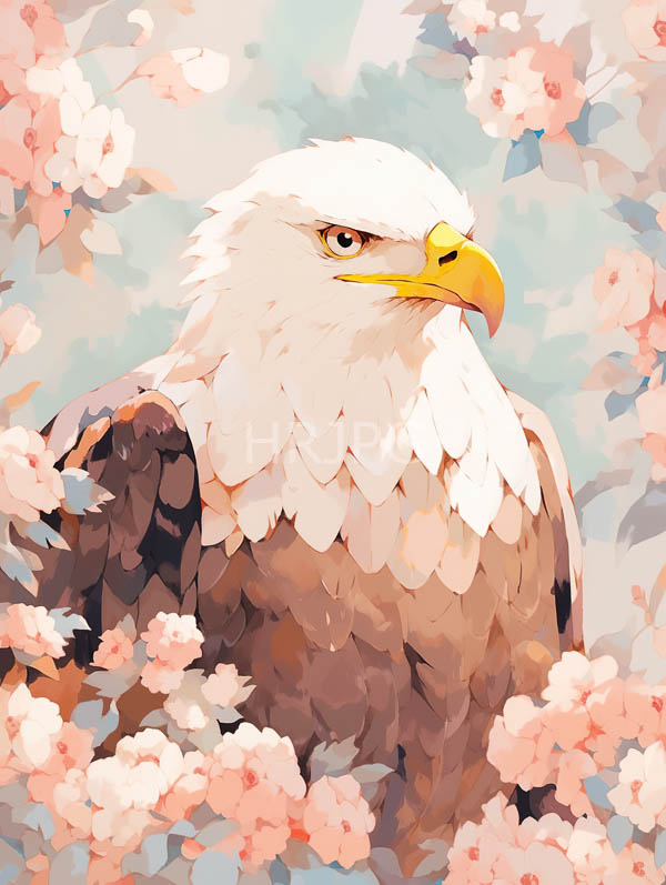 High Resolution: Majestic bald eagle with white head and yellow beak is surrounded by soft pink cherry blossoms with sharp brown eyes gazing forward download. | HRJPG.com