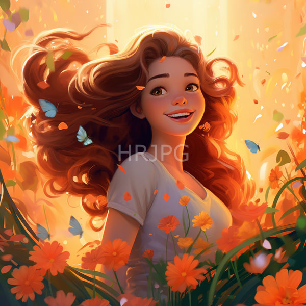 High Resolution: Smiling young woman with long wavy brown hair wears a white t-shirt surrounded by vibrant orange flowers and floating blue butterflies download. | HRJPG.com