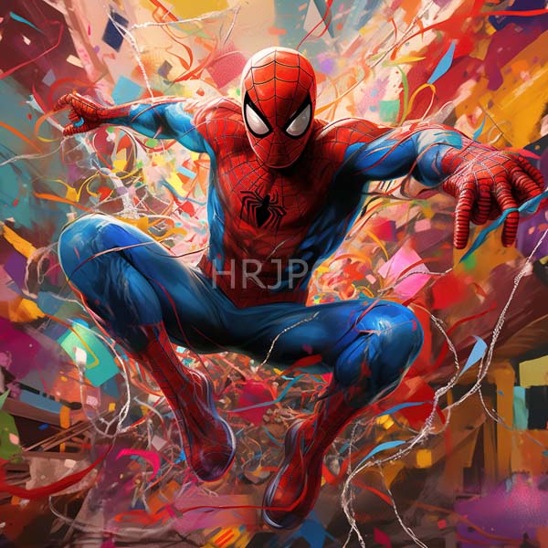 High Resolution: Spider-Man in a dynamic mid-air pose wears a red and blue spider-patterned suit against a chaotic explosion of colorful abstract shapes and lines download. | HRJPG.com