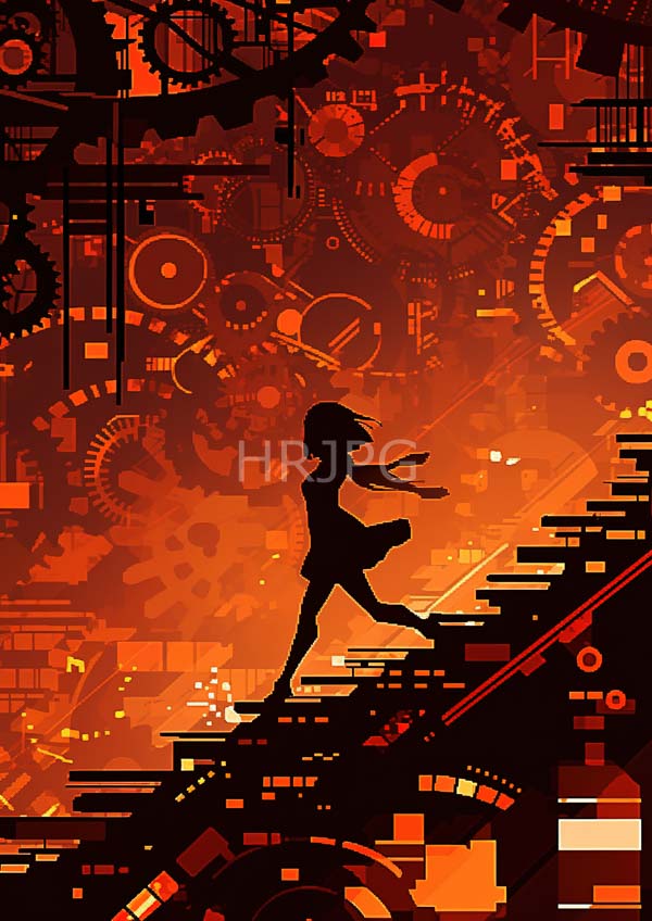 High Resolution: Cyberpunk-style scene features a silhouetted female figure with short hair running up a staircase against a background of intricate overlapping gears download. | HRJPG.com