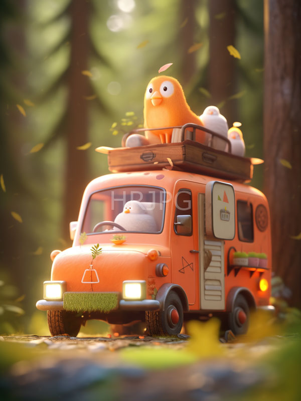 High Resolution: Whimsical orange vintage van with a wooden roof rack carries three adorable round orange and white birds driving through a sunlit road download. | HRJPG.com