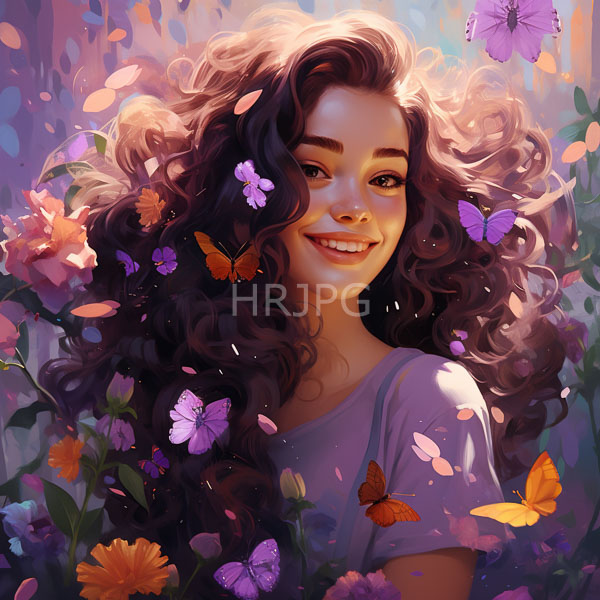 High Resolution: Smiling young woman with curly brown hair is surrounded by vibrant pink and orange flowers and colorful butterflies wearing a light purple shirt download. | HRJPG.com