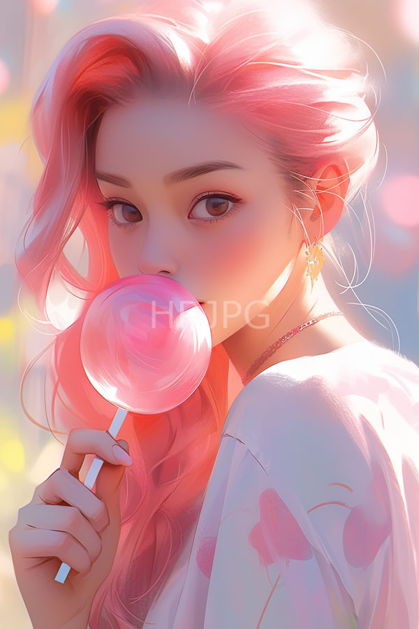 High Resolution: Young woman with pink wavy hair holds a pink swirled lollipop to her lips wearing a white floral-patterned shirt with large expressive eyes download. | HRJPG.com