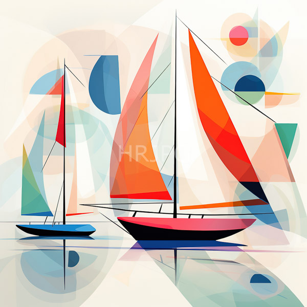 High Resolution: Abstract artwork depicts two sailboats with vibrant multicolored sails (red orange green blue) on a reflective water surface with geometric shapes in the background download. | HRJPG.com