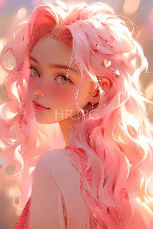 High Resolution: Young woman with long wavy pastel pink hair adorned with small heart-shaped hairpins has fair skin large blue eyes and a gentle smile download. | HRJPG.com