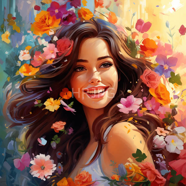 High Resolution: Smiling young woman with long wavy brown hair is surrounded by vibrant colorful flowers wearing a white tank top against a warm background blend download. | HRJPG.com