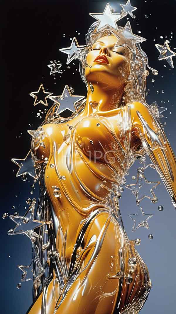 High Resolution: Golden nude female figure with large breasts is covered in transparent star-shaped water droplets with closed eyes and a serene expression download. | HRJPG.com