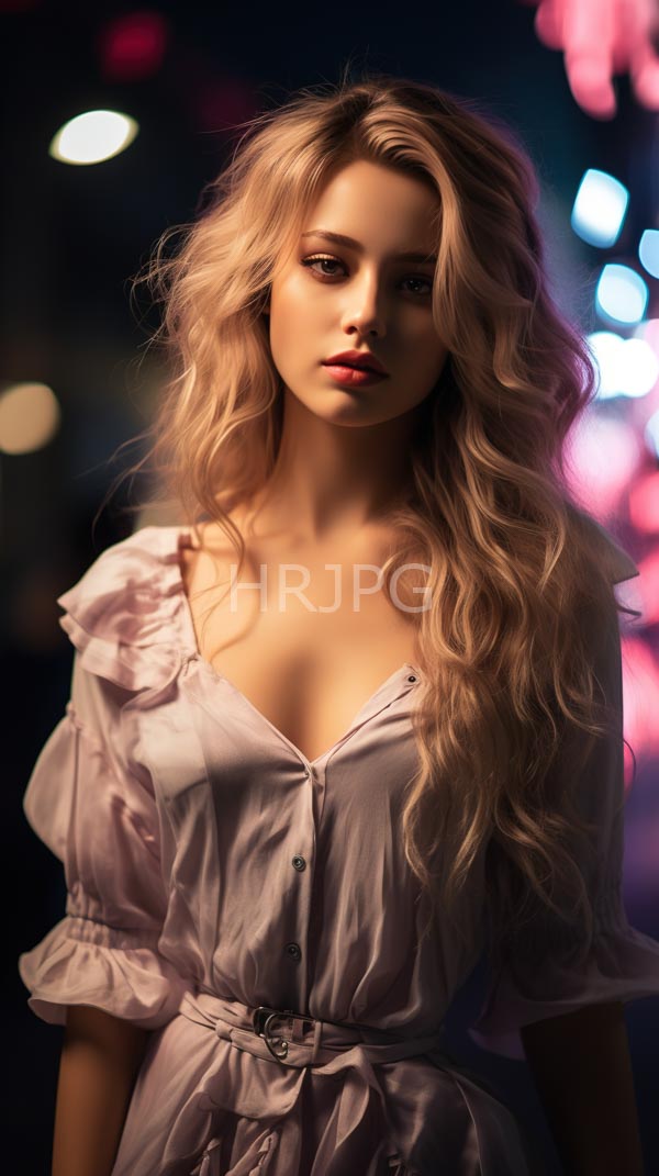 High Resolution: Young attractive blonde woman with wavy hair wears a light pink button-up dress with puffed sleeves against a blurred background of colorful bokeh lights download. | HRJPG.com