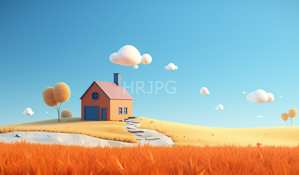 High Resolution: Whimsical orange cottage with a red roof and blue door is set on a yellow hill with a winding stone path and two round golden trees download. | HRJPG.com