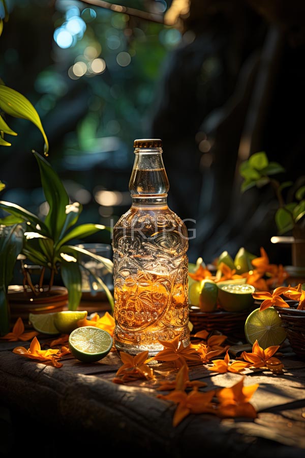 High Resolution: Clear glass bottle filled with amber liquid and citrus slices is surrounded by orange star-shaped flowers lime halves and small potted plants download. | HRJPG.com