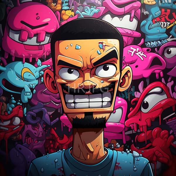 High Resolution: Muscular angry man with a square jaw black hair beard and mustache wearing a blue shirt has his face splattered with colorful gooey monster-like creatures download. | HRJPG.com