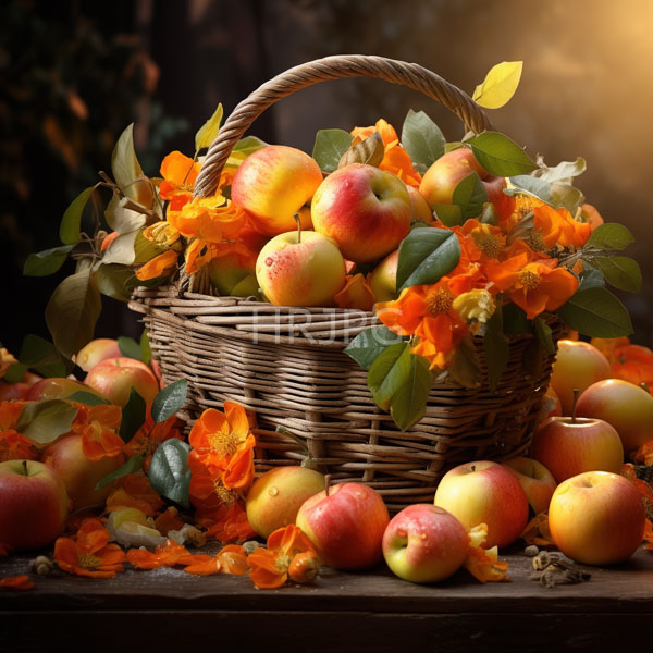 High Resolution: Woven basket filled with red and yellow apples is adorned with vibrant orange flowers and green leaves placed on a wooden surface download. | HRJPG.com