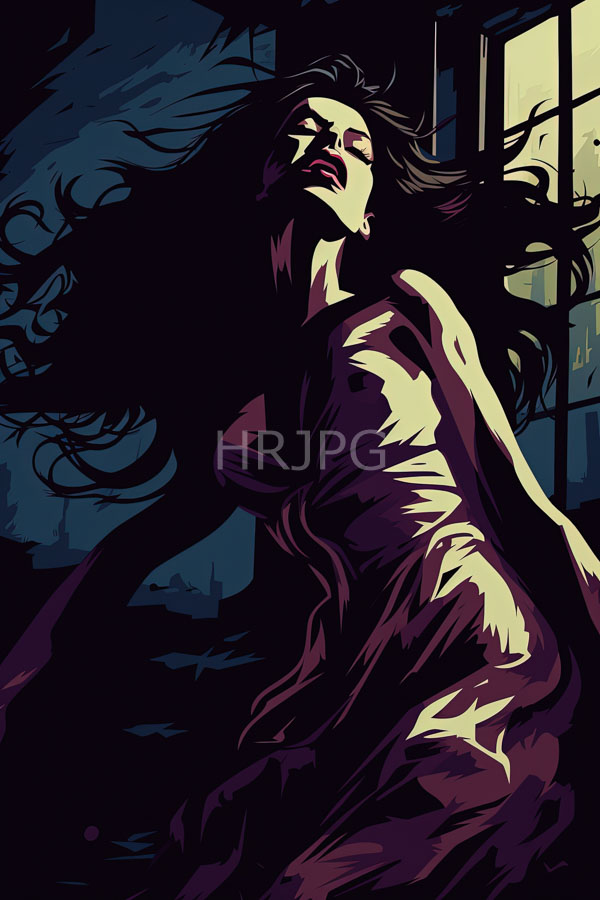High Resolution: Dark-haired woman with flowing hair wears a draped semi-transparent dress illuminated by moonlight through a window with an intense expression download. | HRJPG.com