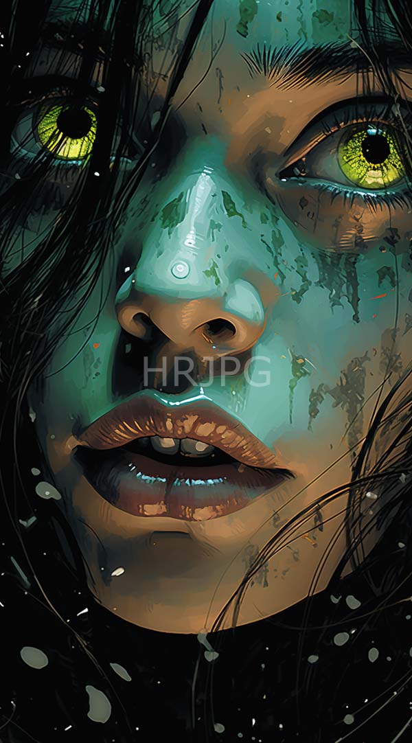 High Resolution: Close-up surreal face with teal skin glowing green eyes and dark wet hair has an elongated nose and full lips showing teeth download. | HRJPG.com