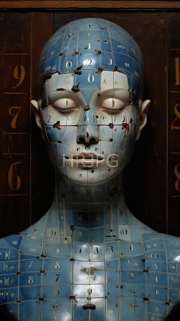 High Resolution: Blue segmented human head model with numbered panels resembles a 3D anatomical puzzle with closed eyes and small red crosses marked on the face download. | HRJPG.com