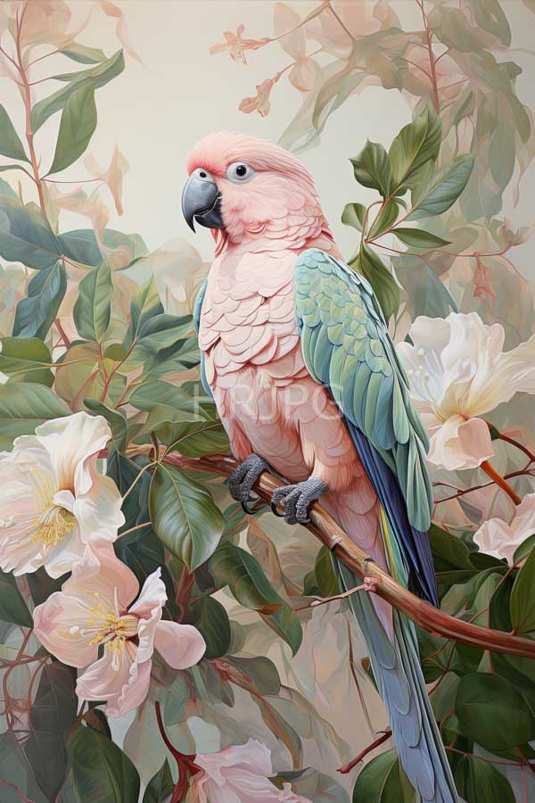 High Resolution: Pink and blue macaw is perched on a branch amidst blooming magnolia flowers and lush green leaves with detailed feather textures download. | HRJPG.com