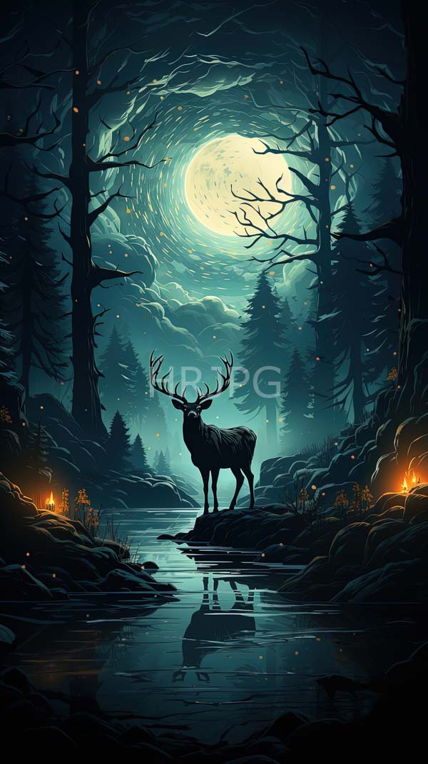 High Resolution: Dark mystical forest at night features a majestic antlered deer standing in a reflective stream under a glowing full moon download. | HRJPG.com