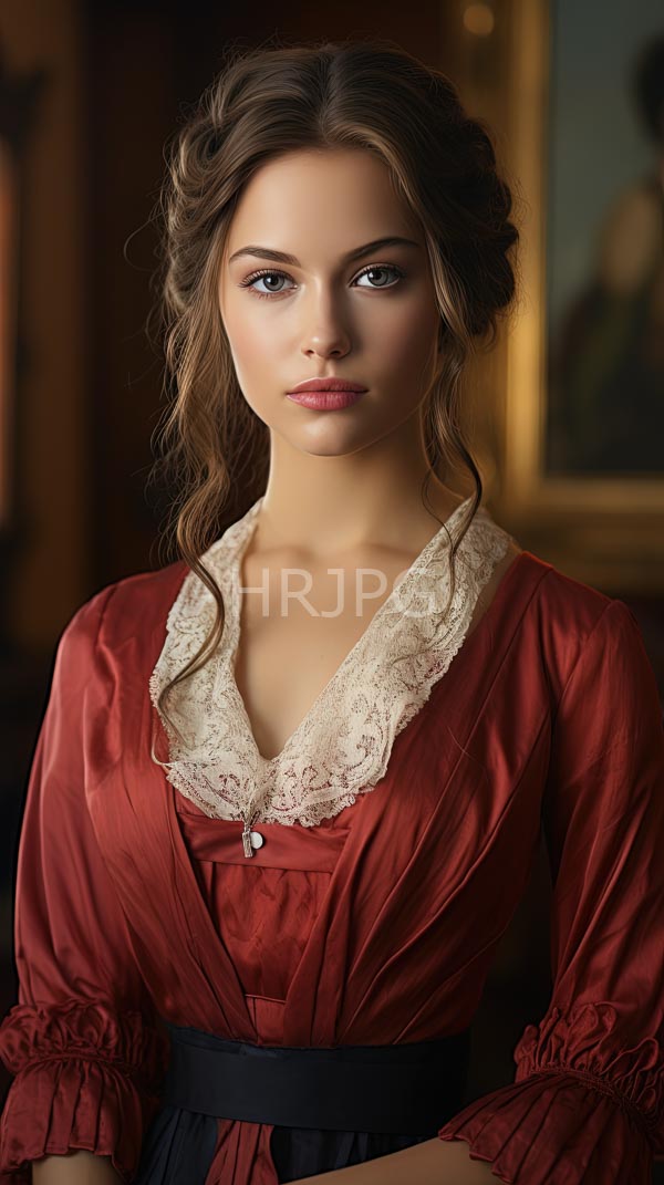 High Resolution: Young Caucasian woman with fair skin and wavy brown hair has striking green eyes and a serious expression wearing a deep red Victorian-style dress download. | HRJPG.com