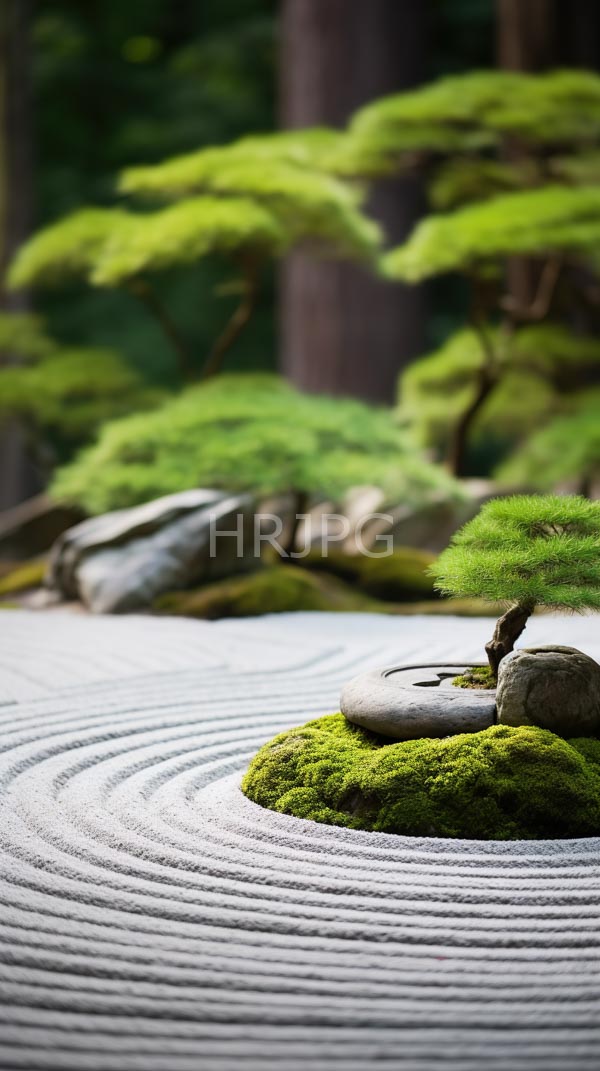 High Resolution: Serene Japanese garden features meticulously raked white gravel with circular patterns moss-covered rocks and small lush green pine trees download. | HRJPG.com
