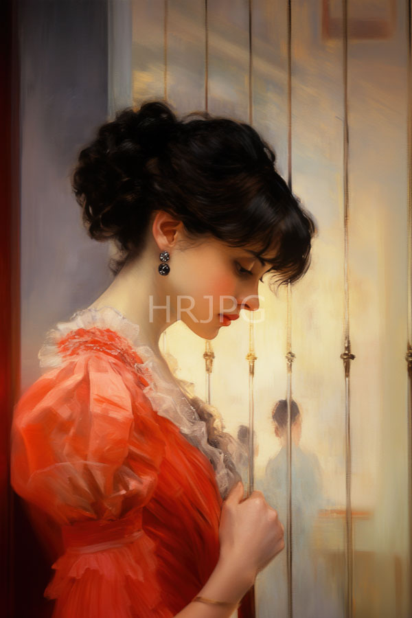 High Resolution: Young woman with fair skin and dark wavy hair in an elegant updo wears a red ruffled dress with white lace holding a thin vertical object download. | HRJPG.com