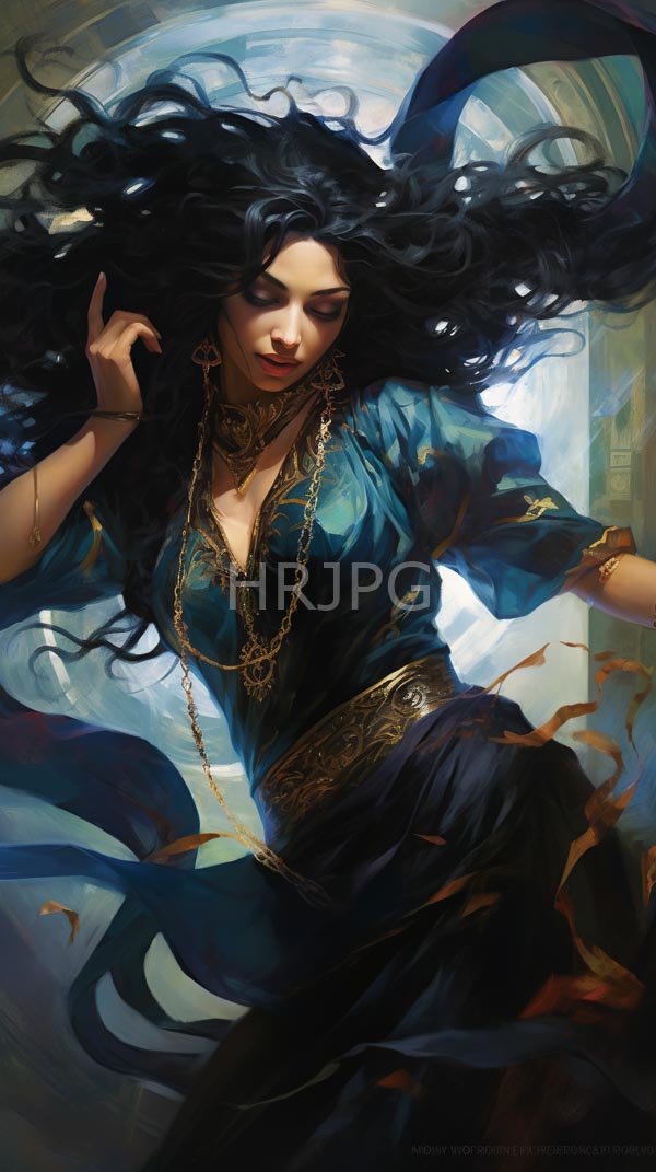 High Resolution: Dark-haired woman with flowing black hair wears a blue gold-embroidered top and dark skirt with a large pendant necklace and her eyes closed download. | HRJPG.com