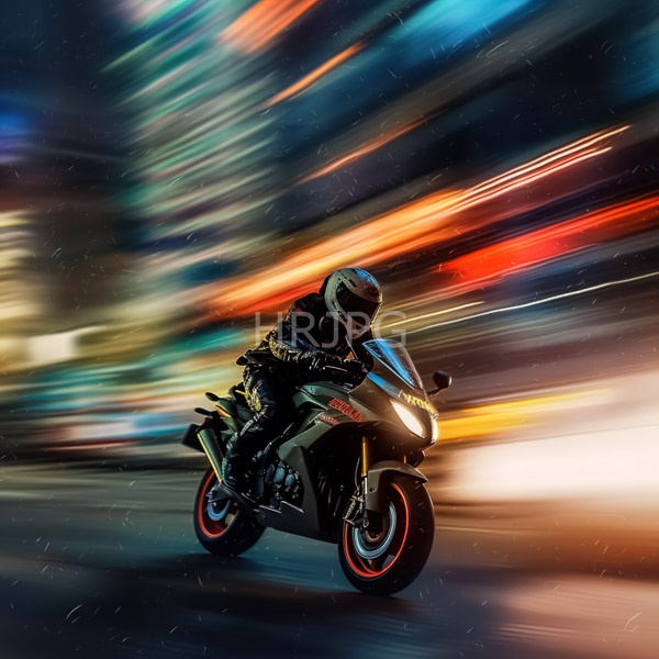 High Resolution: Motorcyclist in black leather gear and a white helmet rides a sleek silver sport bike against a dynamic blurred array of colorful city lights download. | HRJPG.com