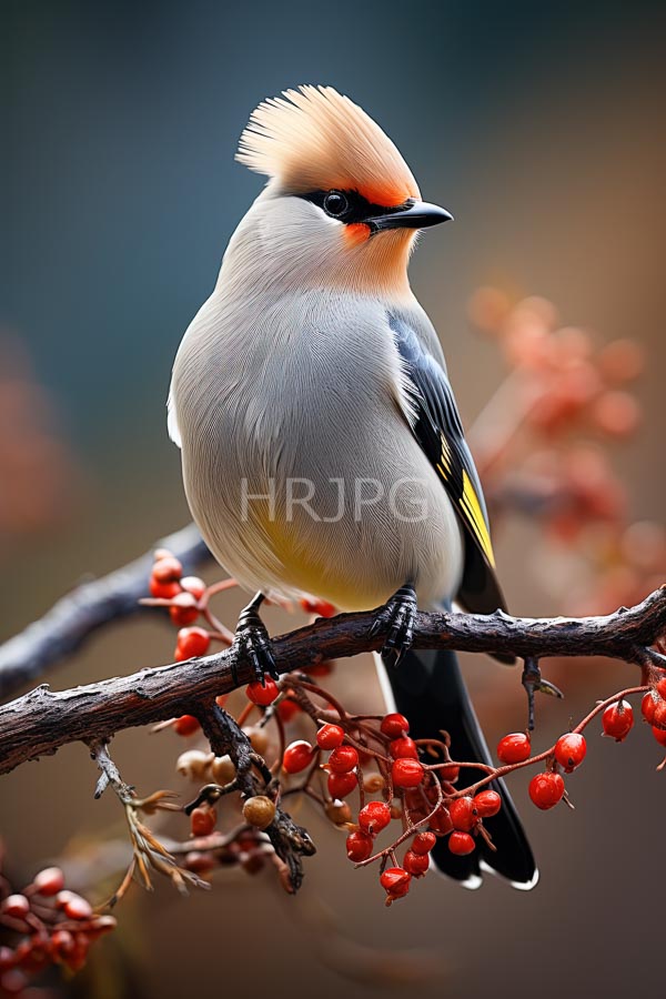 High Resolution: Red-breasted waxwing bird with a distinctive cream-colored crest is perched on a branch adorned with red berries and lush foliage download. | HRJPG.com