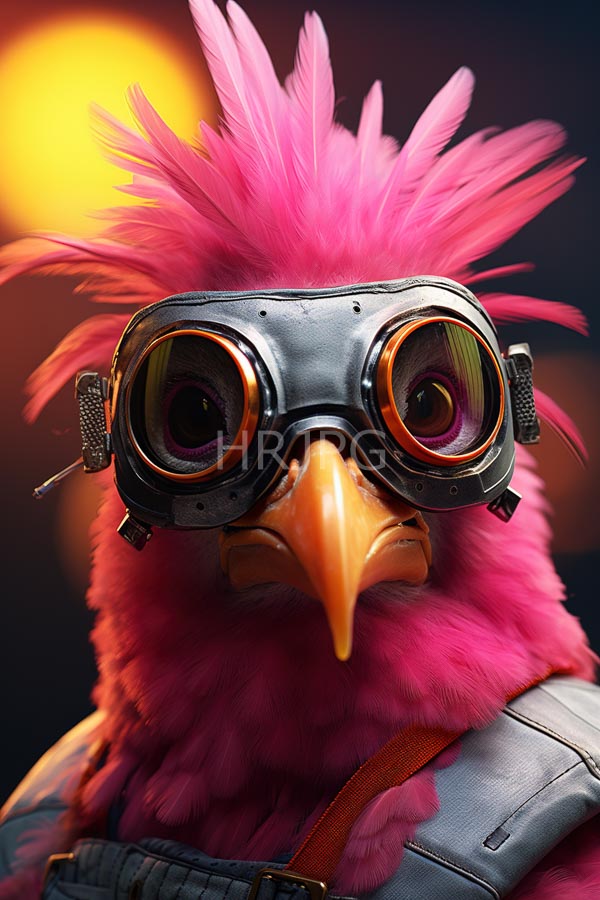 High Resolution: Pink-feathered bird with a yellow beak wears steampunk-style goggles with orange lenses and a spiky pink crest and a gray leather-like shoulder strap download. | HRJPG.com