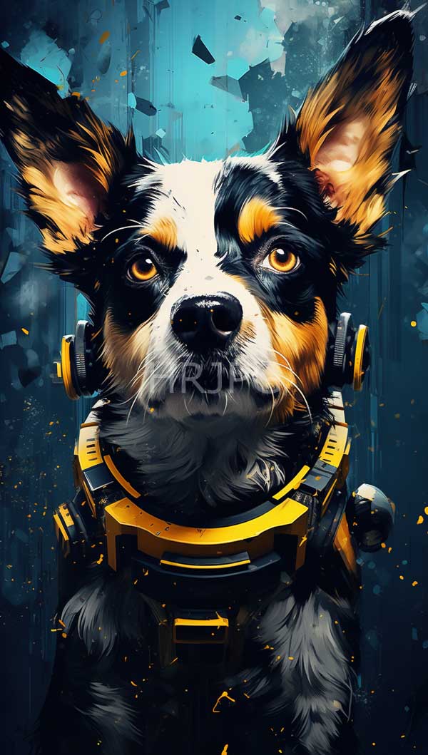 High Resolution: Realistic anthropomorphic dog with black white and brown fur wears a futuristic yellow and black headset with large expressive amber eyes download. | HRJPG.com